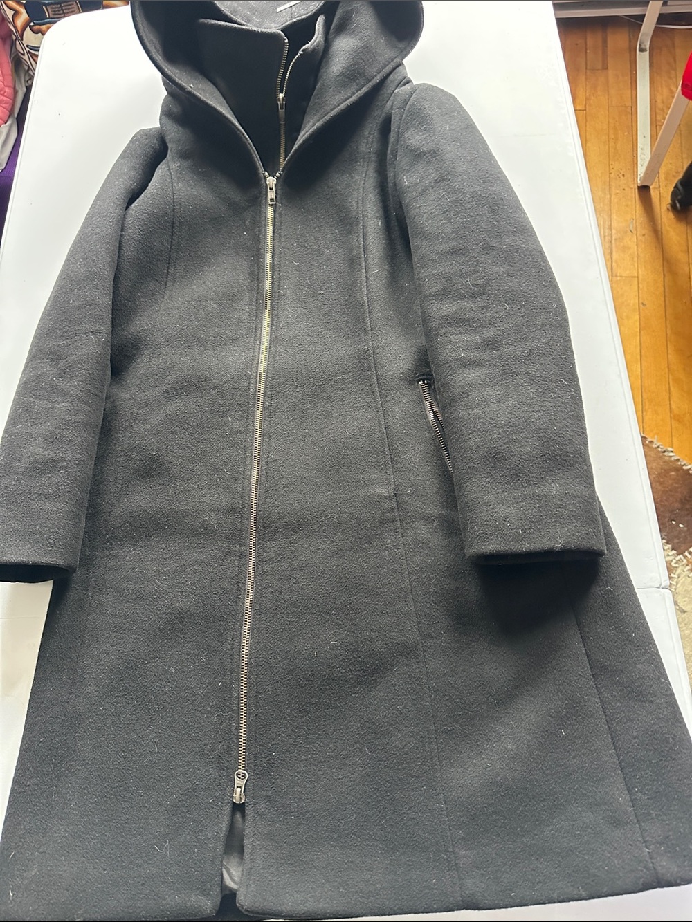 Soia & Kyo Black Hooded Wool-Blend Trench Coat with Zip